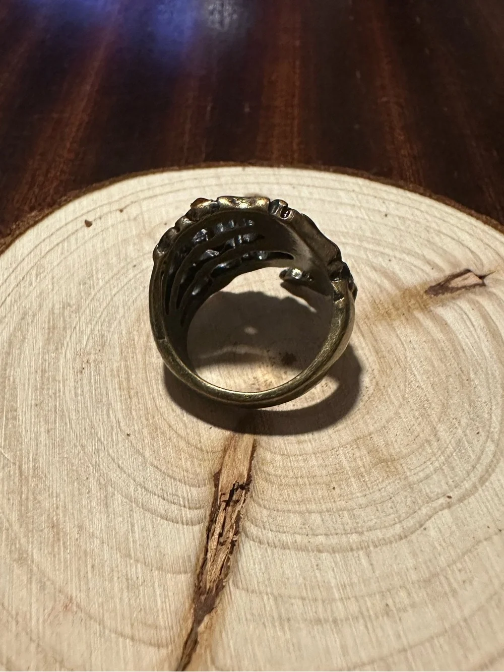 Bronze-Tone Skeleton Hand Ring with Rhinestones Size 6